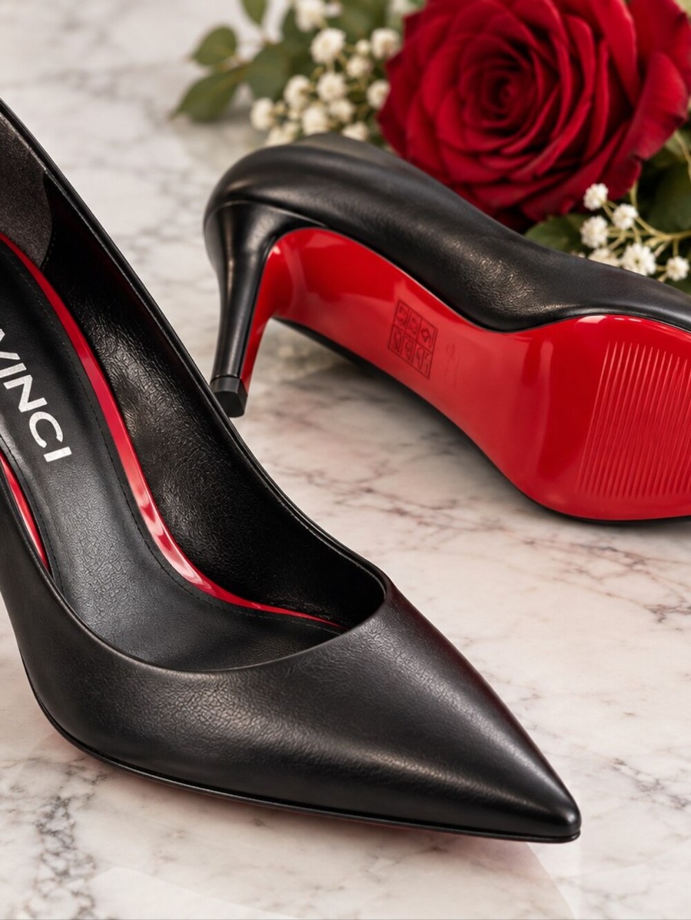 Black Pointed Toe Stiletto Heels with Red Sole